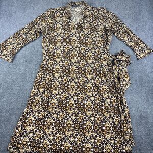 Spago Collection Wrap Dress M Brown Tan White Geo Print Long Sleeve Tie